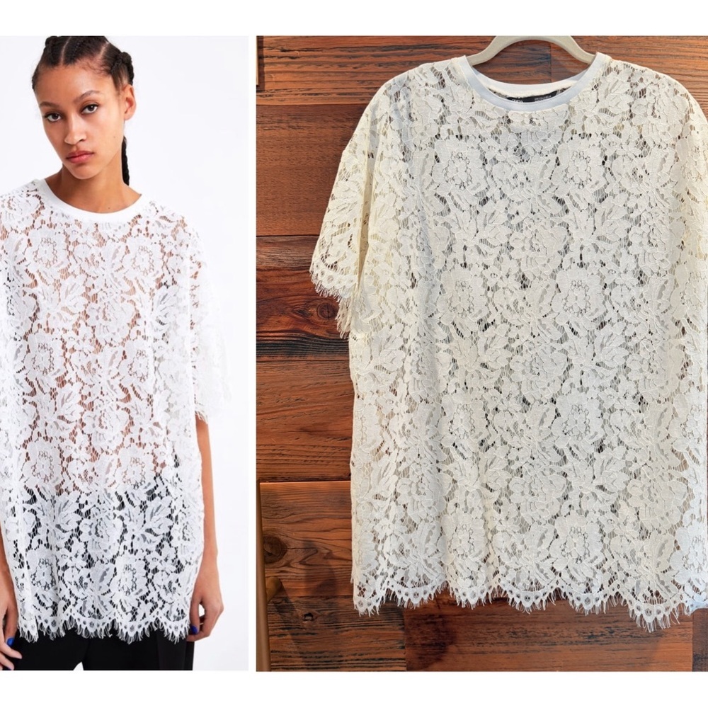 Zara White Lace Blouse T-Shirt Shift Top